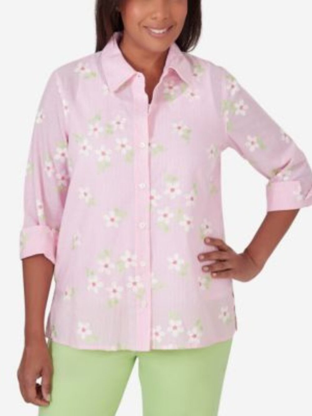 Alfred Dunner Miami Beach Pink Pinstripe Floral Embroidered Blouse Size 1X